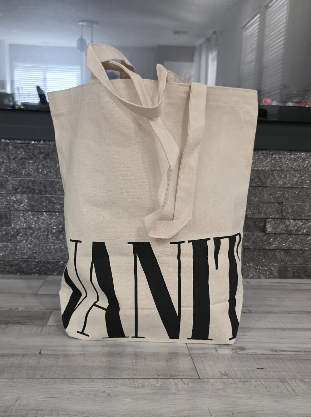 Vanity Fair Natural Canvas Tote with Black Lettering